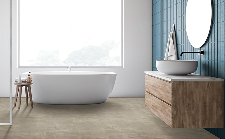 tile flooring in bathroom with window